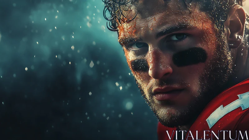 Gritty football portrait under stadium rain at night.