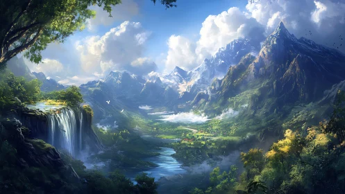 Mountain valley landscape with waterfall and distant village.