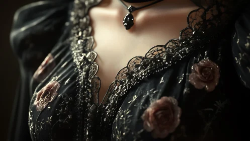Gothic lace neckline with rose embroidery in soft focus.