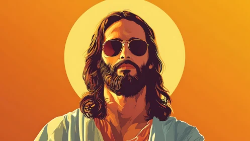 Sunlit cool mystic in shades against glowing orange sky.