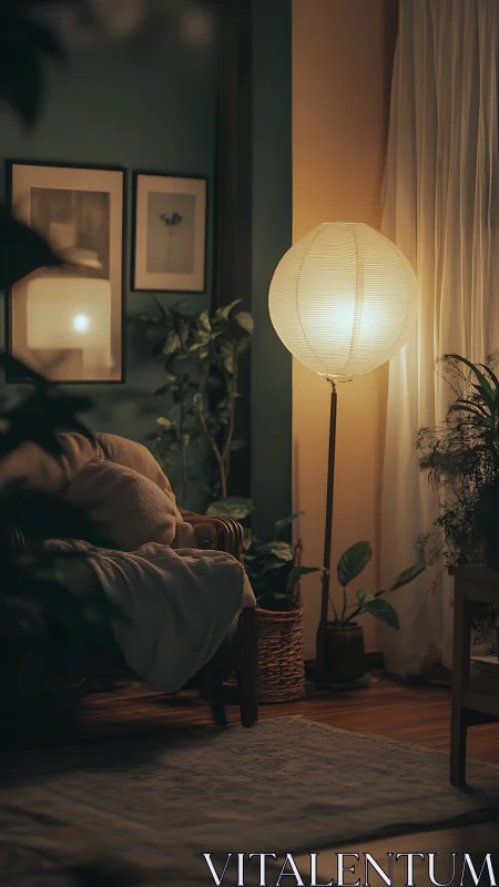 Cozy living corner with floor lamp and indoor plants.