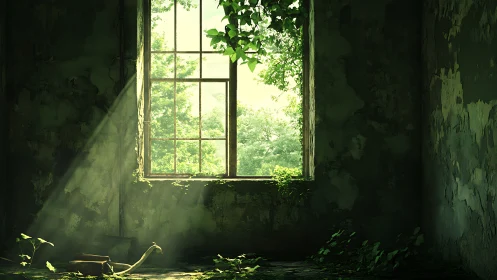 Sunlit vines reclaim an abandoned moss-green window room.