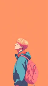 Side profile anime student against bold orange background.