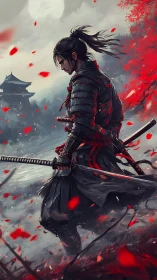Lone samurai under blood red leaves at moonrise.