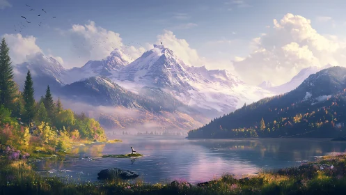 Digital painting of alpine lake, misted valley and peaks.