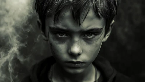 Brooding boy portrait in dark moody monochrome smoke.