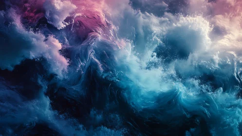 Turbulent bioluminescent ocean vortex with magenta cloudscape