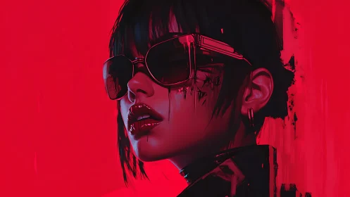 Neon-drenched cyberpunk portrait in vivid crimson glow.