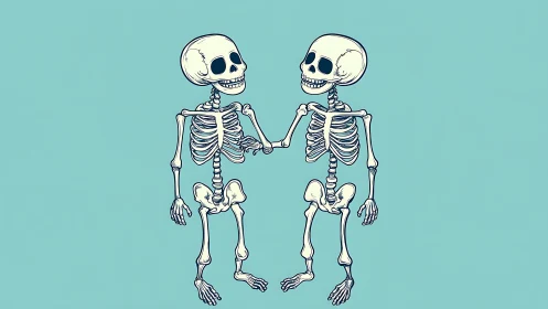 Bony best friends share a grinning handshake in teal space