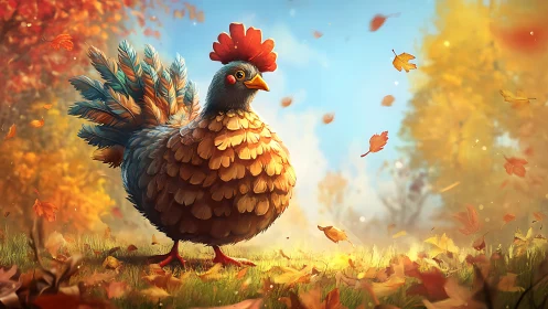 Autumn Rooster with Golden Plumage in Seasonal Landscape