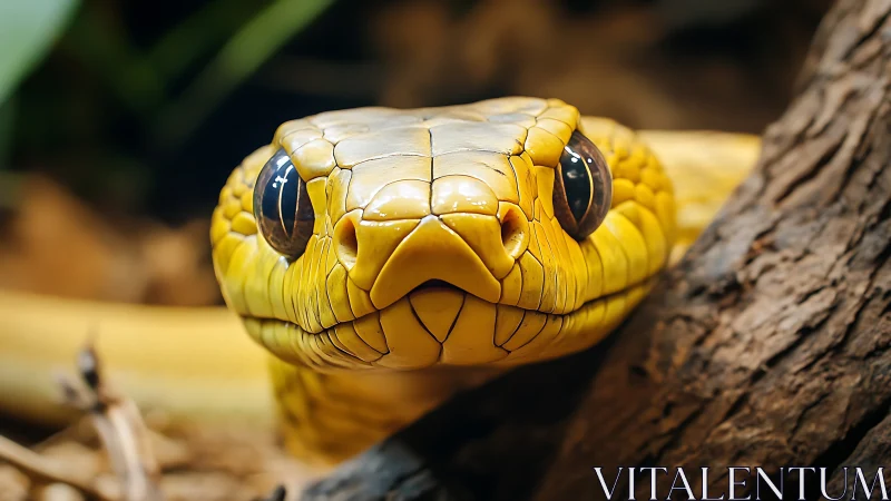 Golden snake gaze meeting yours in a quiet forest moment.