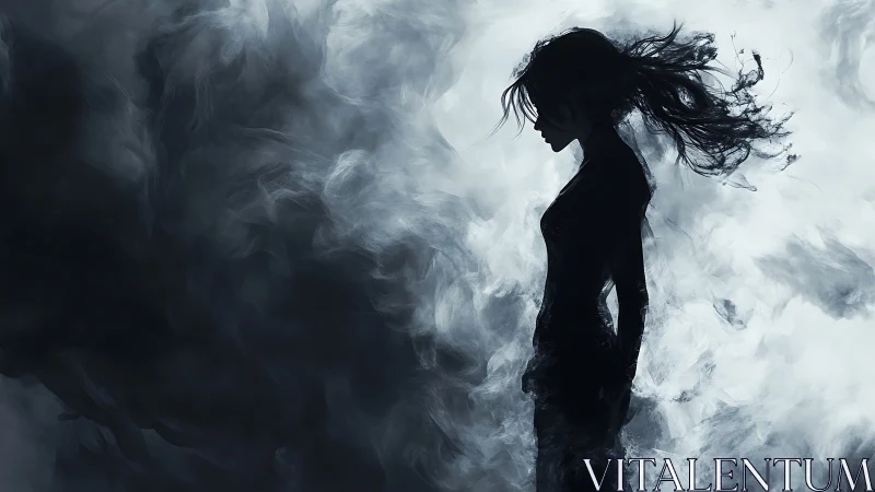Silhouetted female figure in smoke filled monochrome scene.