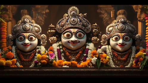 Jagannath triad altar with ornate crowns and floral garlands