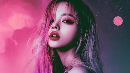 Sultry neon portrait glows against a dreamy cosmic moonlit sky