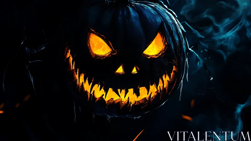 Fiery jack o lantern glows against deep smoky darkness