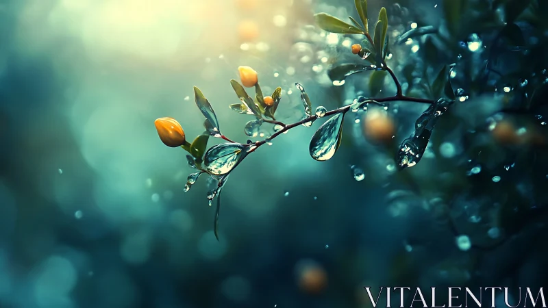 Golden buds and raindrops glow softly in gentle morning light