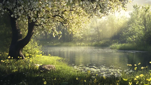 Blossoming riverside tree under soft volumetric spring sunlight.