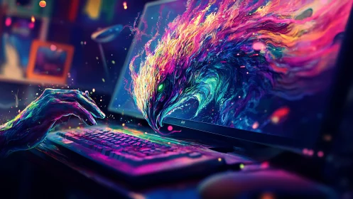 Digital workstation with neon avian entity emerging.