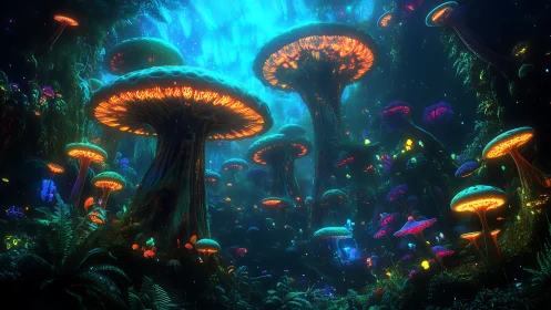Glowing forest of giant mushrooms in a dreamy night world.