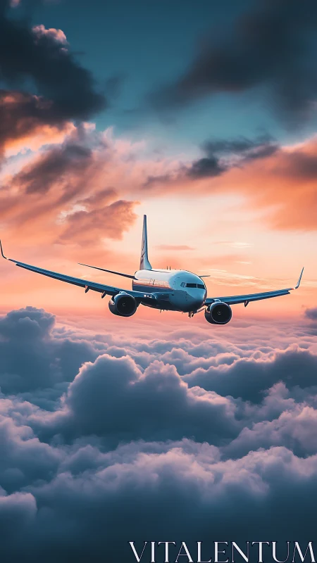 Commercial jetliner cruising above dense cloud layer at dusk.