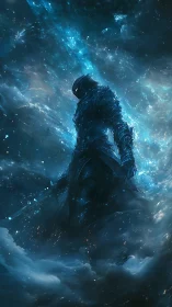 Cosmic armored figure emerging in swirling blue void.
