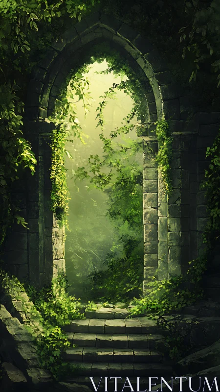 Stone archway overgrown by dense green forest vegetation.