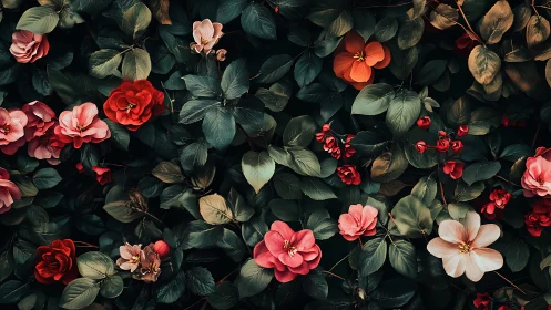 Overhead Garden View: Pink and Red Roses with Dark Green Foliage