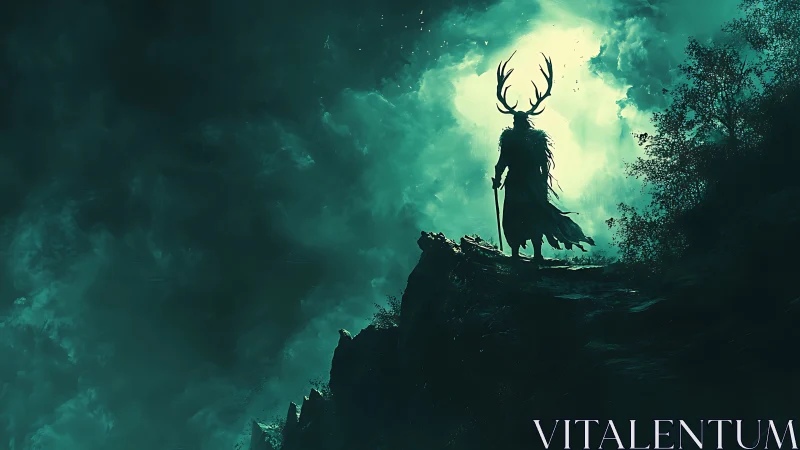 Silhouetted antlered warlord stands on jagged cliff under backlit storm