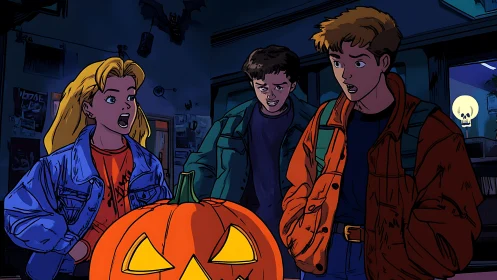 Teen trio react to glowing jack o lantern in neon hues.