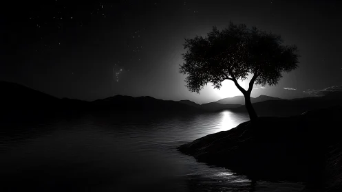 Solitary tree outlined by moonlit lake and distant hills.