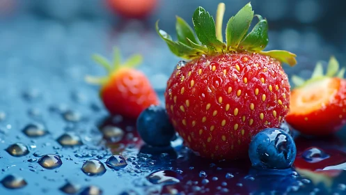 Fresh wet strawberries and blueberries on reflective blue surface.