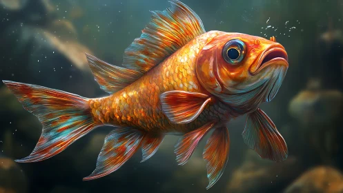 Hyperreal orange goldfish with iridescent fins in murky water