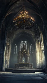 Gothic cathedral altar glows beneath a majestic chandelier