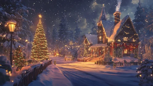 Snow-covered house and lit tree in winter night landscape.