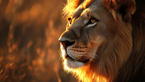 Golden hour lion portrait with dramatic side lighting.