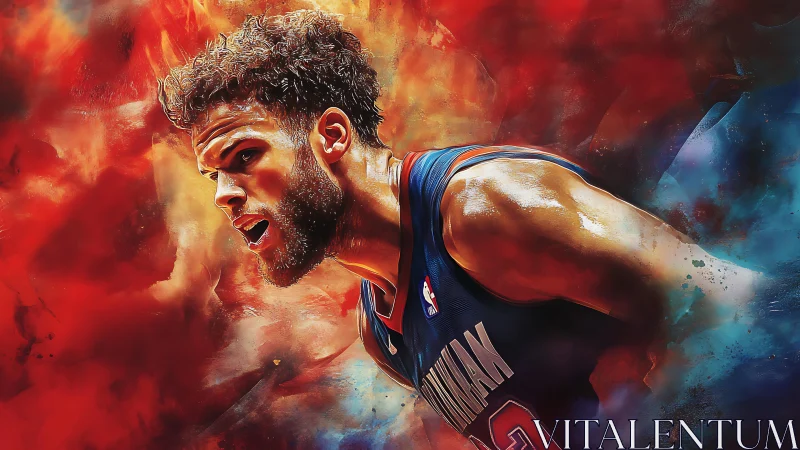 Basketball player sprints forward through abstract red smoke