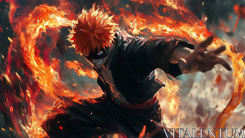 Masked anime warrior unleashes swirling fire attack