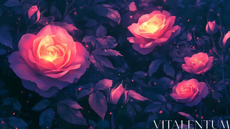 Neon roses glowing in darkness with ethereal luminescence.