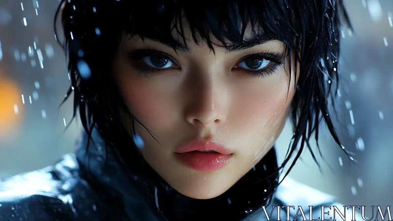 Close frontal portrait of wet short haired woman in rain.