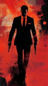 Silhouetted gunman in suit over blazing red textures.