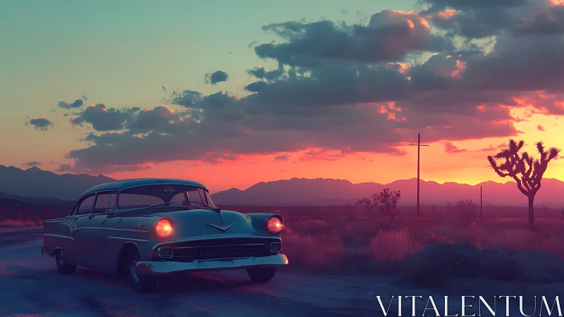 Digital painting of vintage sedan on neon desert highway at dusk.