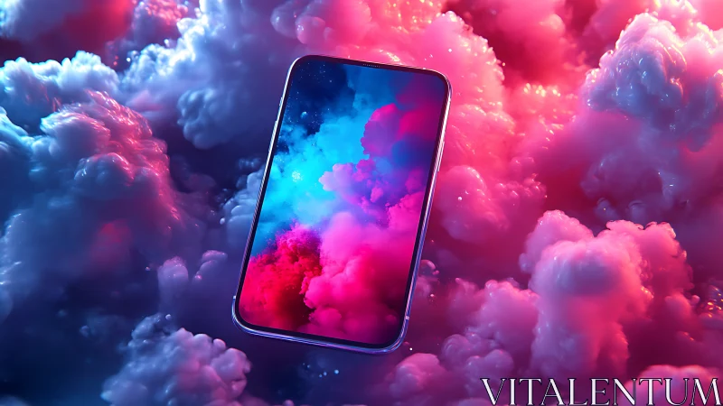 Smartphone display as luminous volumetric nebula portal.