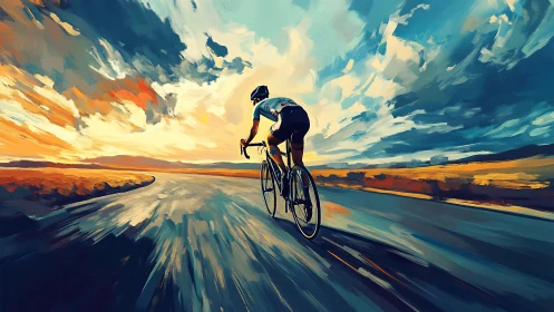 Cyclist rendering exhibits velocity radiance with directional motion blur atmospheric perspective.