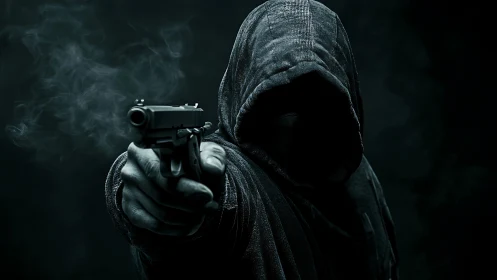 Hooded gunman extends pistol toward viewer in dark void
