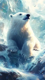 Polar bear on icy rocks in dynamic flowing water scene.