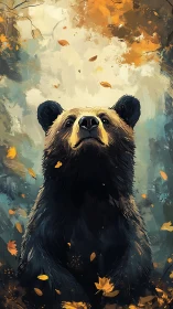 Autumn crowned bear gazes skyward in swirling golden forest.