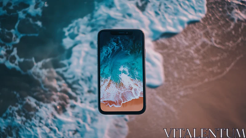 Smartphone hovering over shoreline with ocean waves background.