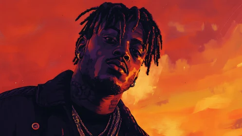 Digital portrait rapper against vivid orange sunset sky.