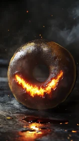 Glazed doughnut with internal flame effect on dark surface.
