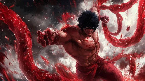 Storm-forged warrior wrapped in swirling crimson fury.